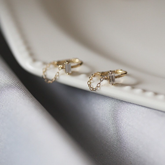 14K Solid Gold Dainty Zirconia Threading Earrings, Real Gold Delicate Dangle Threader Earrings, Minimalism Gold Earrings, Christmas gift