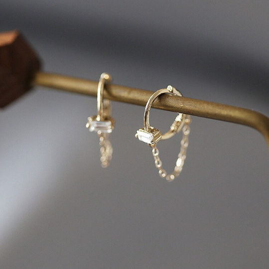 14K Solid Gold Dainty Zirconia Threading Earrings, Real Gold Delicate Dangle Threader Earrings, Minimalism Gold Earrings, Christmas gift