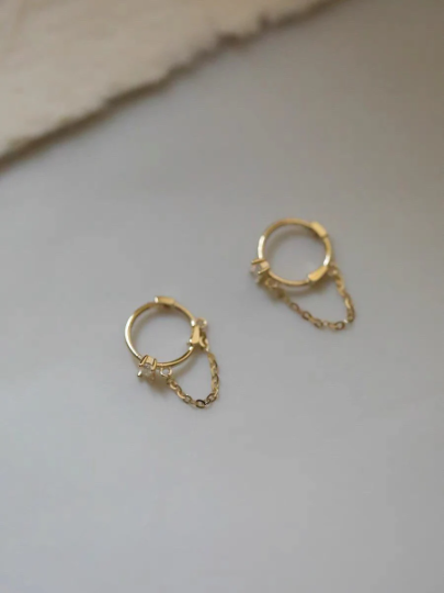 14K Solid Gold Dainty Zirconia Threading Earrings, Real Gold Delicate Dangle Threader Earrings, Minimalism Gold Earrings, Christmas gift