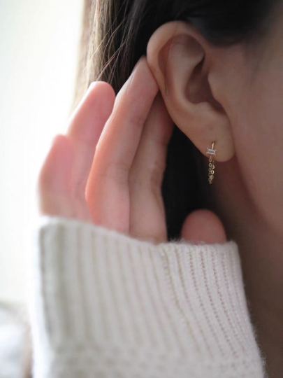 14K Solid Gold Dainty Zirconia Threading Earrings, Real Gold Delicate Dangle Threader Earrings, Minimalism Gold Earrings, Christmas gift