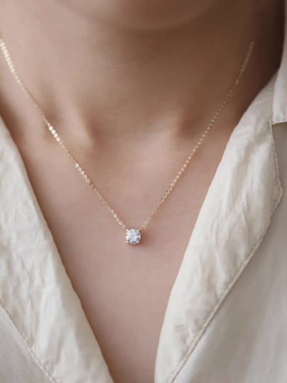 Solid 14K Gold Dainty Zirconia Necklace, Real Gold Delicate Zirconia Chain, Minimalism Gold Necklace, Gift For Her
