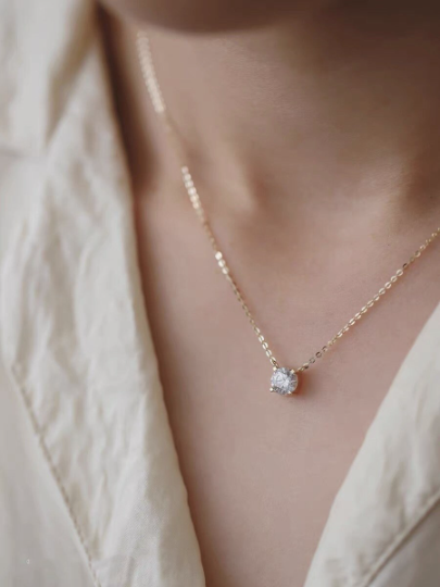 Solid 14K Gold Dainty Zirconia Necklace, Real Gold Delicate Zirconia Chain, Minimalism Gold Necklace, Gift For Her