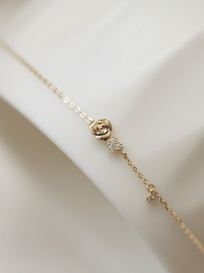 14K Solid Gold Dainty Zirconia Rose Love Heart Bracelet Chain, Real Gold Delicate Rose Floral Bracelet, Minimalism Gold Chain, Gift For Her