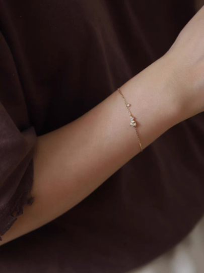 14K Solid Gold Dainty Zirconia Rose Love Heart Bracelet Chain, Real Gold Delicate Rose Floral Bracelet, Minimalism Gold Chain, Gift For Her
