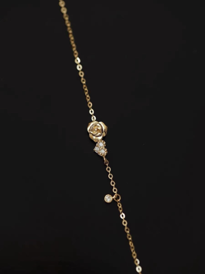 14K Solid Gold Dainty Zirconia Rose Love Heart Bracelet Chain, Real Gold Delicate Rose Floral Bracelet, Minimalism Gold Chain, Gift For Her