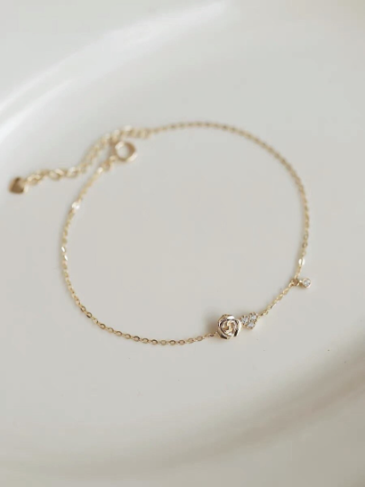 14K Solid Gold Dainty Zirconia Rose Love Heart Bracelet Chain, Real Gold Delicate Rose Floral Bracelet, Minimalism Gold Chain, Gift For Her