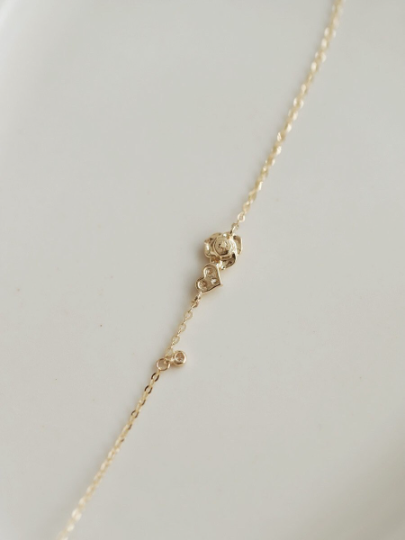 14K Solid Gold Dainty Zirconia Rose Love Heart Bracelet Chain, Real Gold Delicate Rose Floral Bracelet, Minimalism Gold Chain, Gift For Her