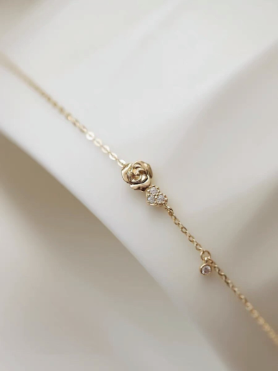 14K Solid Gold Dainty Zirconia Rose Love Heart Bracelet Chain, Real Gold Delicate Rose Floral Bracelet, Minimalism Gold Chain, Gift For Her
