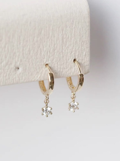 9K Solid Gold Delicate Small Dainty Hoop Dangle Earrings, Real Solid Gold CZ Diamond Hinged Huggie Earrings, Gift for Her