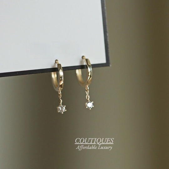 9K Solid Gold Delicate Small Dainty Hoop Dangle Earrings, Real Solid Gold CZ Diamond Hinged Huggie Earrings, Gift for Her