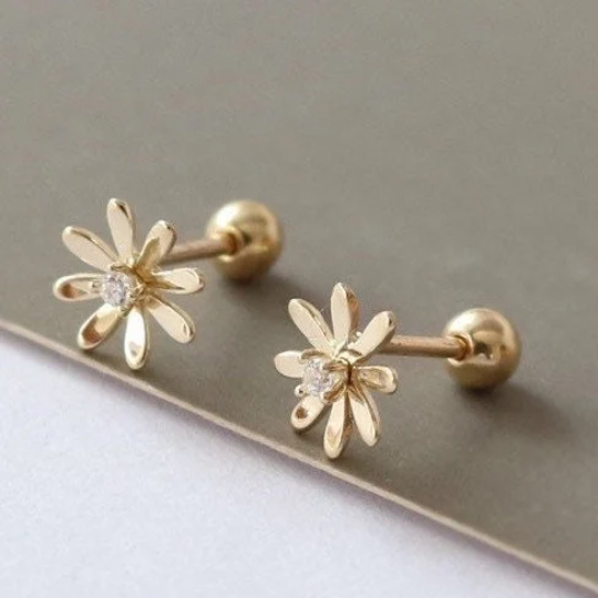 14K Solid Gold Dainty Daisy Floral Stud Earrings, Real Gold Screw Back Earrings, Flower Earrings, Minimalism Gold Stud, Gift For Her
