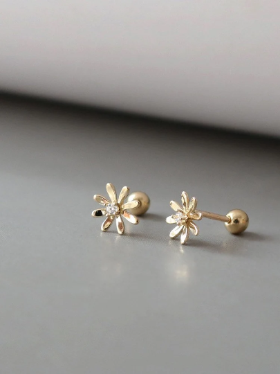 14K Solid Gold Dainty Daisy Floral Stud Earrings, Real Gold Screw Back Earrings, Flower Earrings, Minimalism Gold Stud, Gift For Her