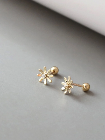 14K Solid Gold Dainty Daisy Floral Stud Earrings, Real Gold Screw Back Earrings, Flower Earrings, Minimalism Gold Stud, Gift For Her