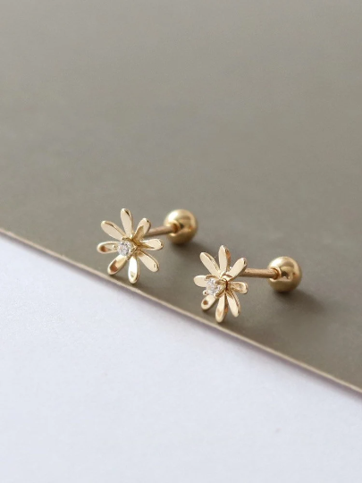 14K Solid Gold Dainty Daisy Floral Stud Earrings, Real Gold Screw Back Earrings, Flower Earrings, Minimalism Gold Stud, Gift For Her