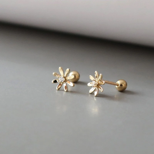 14K Solid Gold Dainty Daisy Floral Stud Earrings, Real Gold Screw Back Earrings, Flower Earrings, Minimalism Gold Stud, Gift For Her