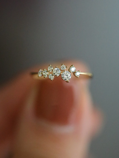 14K Solid Gold Cubic Zirconia Cluster Ring, Gold Dainty Ring, 14kt Gold Real Diamond Ring, Real Gold Statement Ring, Christmas Gift for Her