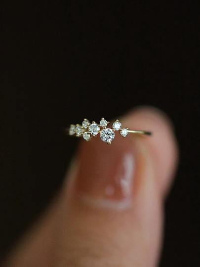 14K Solid Gold Cubic Zirconia Cluster Ring, Gold Dainty Ring, 14kt Gold Real Diamond Ring, Real Gold Statement Ring, Christmas Gift for Her