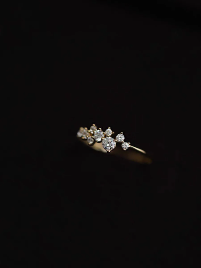 14K Solid Gold Cubic Zirconia Cluster Ring, Gold Dainty Ring, 14kt Gold Real Diamond Ring, Real Gold Statement Ring, Christmas Gift for Her