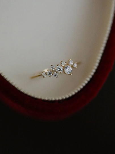14K Solid Gold Cubic Zirconia Cluster Ring, Gold Dainty Ring, 14kt Gold Real Diamond Ring, Real Gold Statement Ring, Christmas Gift for Her