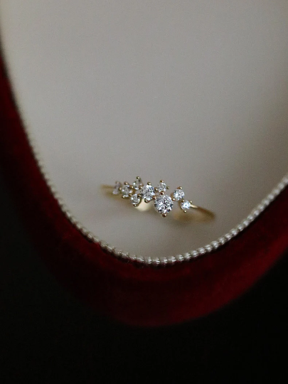 14K Solid Gold Cubic Zirconia Cluster Ring, Gold Dainty Ring, 14kt Gold Real Diamond Ring, Real Gold Statement Ring, Christmas Gift for Her