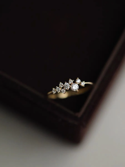 14K Solid Gold Cubic Zirconia Cluster Ring, Gold Dainty Ring, 14kt Gold Real Diamond Ring, Real Gold Statement Ring, Christmas Gift for Her