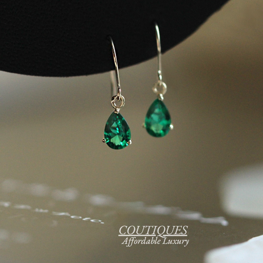 A Pair, 9K Solid Gold Dainty Green Zirconia Dangle Stud Earrings, Real Gold Dangle Earrings, Minimalism Hoop Earrings, Emerald Dangle Stud