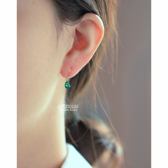A Pair, 9K Solid Gold Dainty Green Zirconia Dangle Stud Earrings, Real Gold Dangle Earrings, Minimalism Hoop Earrings, Emerald Dangle Stud