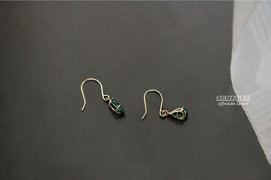 A Pair, 9K Solid Gold Dainty Green Zirconia Dangle Stud Earrings, Real Gold Dangle Earrings, Minimalism Hoop Earrings, Emerald Dangle Stud