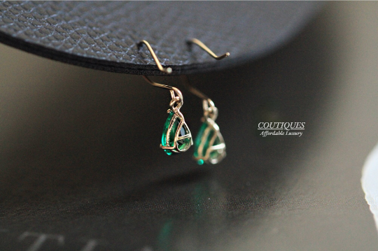 A Pair, 9K Solid Gold Dainty Green Zirconia Dangle Stud Earrings, Real Gold Dangle Earrings, Minimalism Hoop Earrings, Emerald Dangle Stud