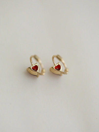 A Pair 9K Solid Gold Dainty Red Love Heart Studs, Real Gold Mini Hoop Earrings, Delicate Minimalism Gold Orbital Conch, Gift For Her
