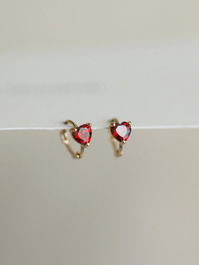 A Pair 9K Solid Gold Dainty Red Love Heart Studs, Real Gold Mini Hoop Earrings, Delicate Minimalism Gold Orbital Conch, Gift For Her