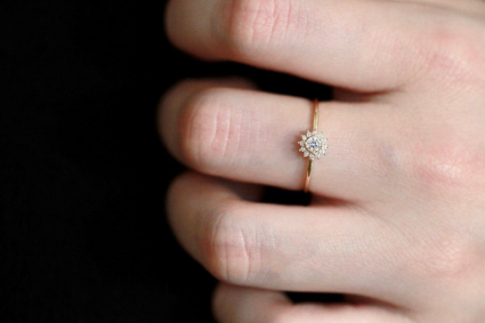 Solid 9K Gold Dainty Sunflower Stackable Ring, Real Gold Delicate Zirconia Gold Band, Gift For Her