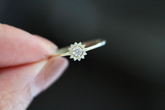 Solid 9K Gold Dainty Sunflower Stackable Ring, Real Gold Delicate Zirconia Gold Band, Gift For Her