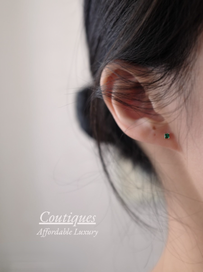 A Pair | Solid 14K Gold Dainty Zirconia Emerald Mini Stud Earrings, 14K Real Gold Green Zirconia Cube Stud Earrings, Gift For Her