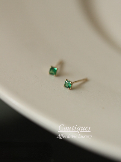 A Pair | Solid 14K Gold Dainty Zirconia Emerald Mini Stud Earrings, 14K Real Gold Green Zirconia Cube Stud Earrings, Gift For Her