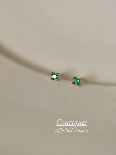 A Pair | Solid 14K Gold Dainty Zirconia Emerald Mini Stud Earrings, 14K Real Gold Green Zirconia Cube Stud Earrings, Gift For Her