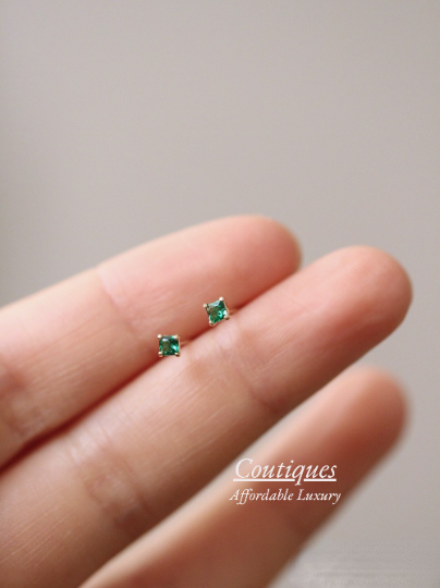 A Pair | Solid 14K Gold Dainty Zirconia Emerald Mini Stud Earrings, 14K Real Gold Green Zirconia Cube Stud Earrings, Gift For Her