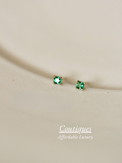 A Pair | Solid 14K Gold Dainty Zirconia Emerald Mini Stud Earrings, 14K Real Gold Green Zirconia Cube Stud Earrings, Gift For Her