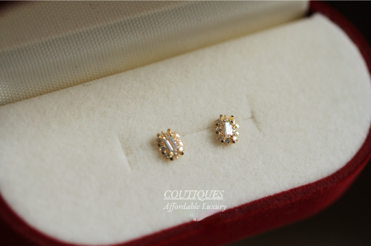 A Pair | 9K Solid Gold Dainty Flower studs, Elegant Baguette Gem Stud Earrings, Cubic Zirconia Earrings, Tiny Delicate Stud, Real Gold Stud