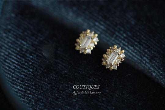 A Pair | 9K Solid Gold Dainty Flower studs, Elegant Baguette Gem Stud Earrings, Cubic Zirconia Earrings, Tiny Delicate Stud, Real Gold Stud