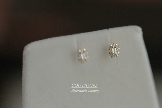 A Pair | 9K Solid Gold Dainty Flower studs, Elegant Baguette Gem Stud Earrings, Cubic Zirconia Earrings, Tiny Delicate Stud, Real Gold Stud