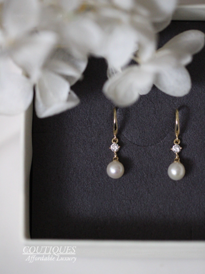 A Pair| 9K SOLID GOLD Dangle Freshwater Pearl Earrings, Mini Drop Real Gold Earrings, Real Pearl Dainty Fancy Gemstone Earrings