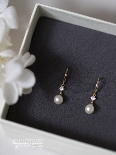 A Pair| 9K SOLID GOLD Dangle Freshwater Pearl Earrings, Mini Drop Real Gold Earrings, Real Pearl Dainty Fancy Gemstone Earrings