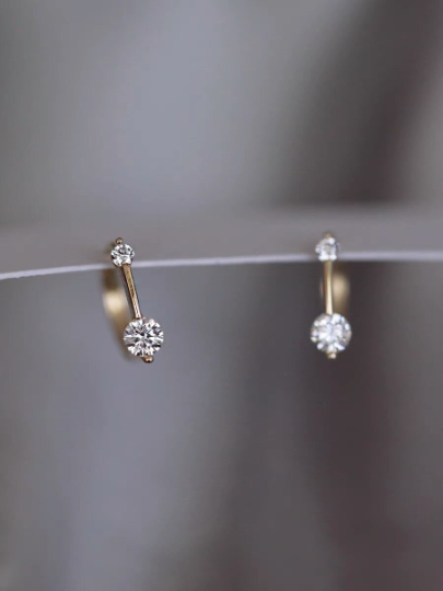9K Solid Gold Zirconia Sparkly Stud, Hoop Earrings, Real Gold Huggie Hoops, Yellow Gold Small Hoops, Delicate Dainty D shape Gold Earrings