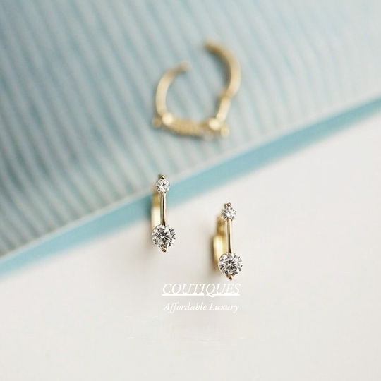 9K Solid Gold Zirconia Sparkly Stud, Hoop Earrings, Real Gold Huggie Hoops, Yellow Gold Small Hoops, Delicate Dainty D shape Gold Earrings