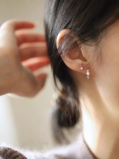 A Pair 14K Solid Gold Dainty Zirconia Earrings, Real Gold Hoop Earrings, Small Hoop Earrings, Minimalism hoop studs, Valentine's gift