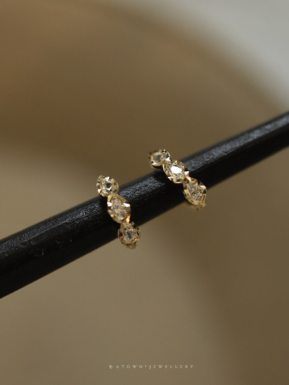 A Pair 14K Solid Gold Dainty Zirconia Earrings, Real Gold Hoop Earrings, Small Hoop Earrings, Minimalism hoop studs, Valentine's gift
