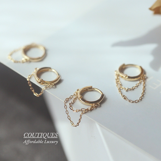 SOLID GOLD Small Hoop Hinged Earrings, 9K Solid Gold Delicate Gold Chain Hoop Earrings, Gold Chain Dangle Drop Hoop Earrings, Birthday Gift
