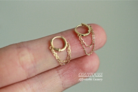 SOLID GOLD Small Hoop Hinged Earrings, 9K Solid Gold Delicate Gold Chain Hoop Earrings, Gold Chain Dangle Drop Hoop Earrings, Birthday Gift