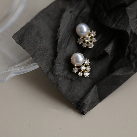 A Pair 9K Solid Gold Dainty Natural Pearl Earrings, Freshwater Real Gold Earrings, gift for her, Flower Zirconia Stud Earrings Inactive6:47